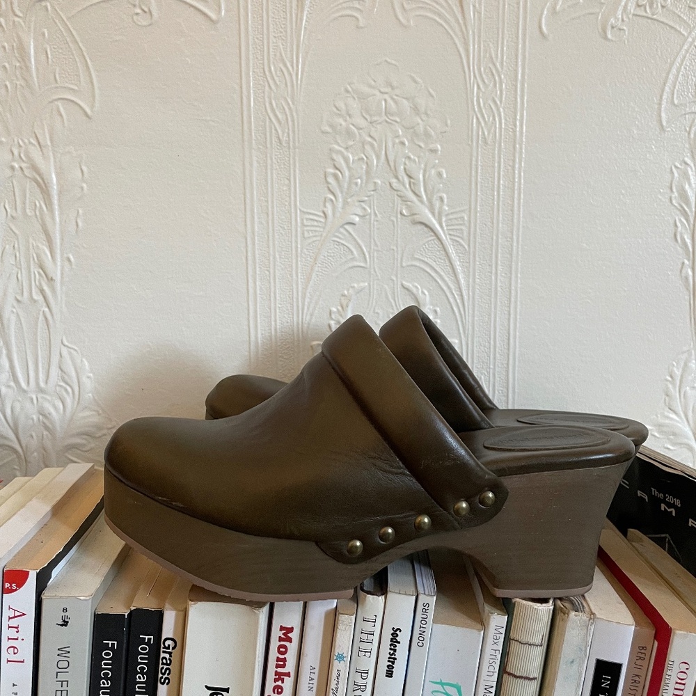 SOLD.         Micha & Puff Leather and wood clogs